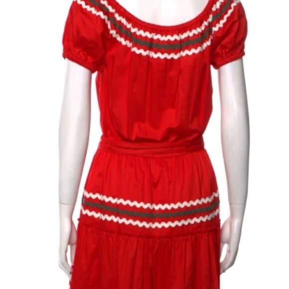 Tory Burch Embroidered Peasant Midi Dress Rickrack Trim Red Green White S, M$485 - Picture 9 of 9